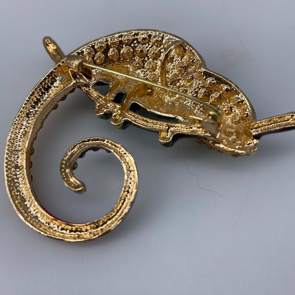 CHAMELEON BROOCH Pin Pendant Rhinestone Green Head Enamel Lizard Costume Jewelry - Picture 2 of 6